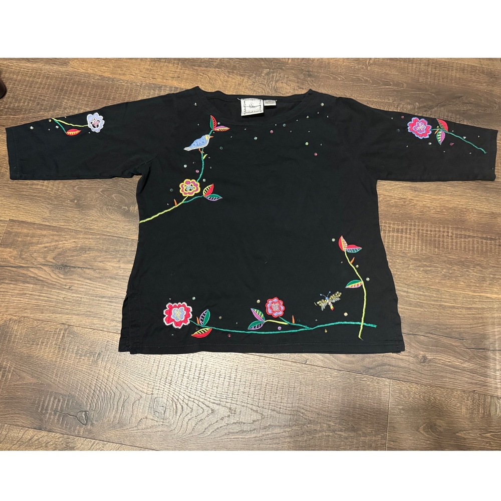 Michael Simon Lite Black Cotton Embroidered Floral Dragonfly 3/4 Sleeve